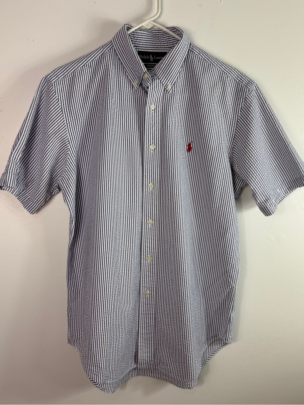 Ralph Lauren Seersucker Camp Shirt Men’s Medium Blue White Stripe Red Pony